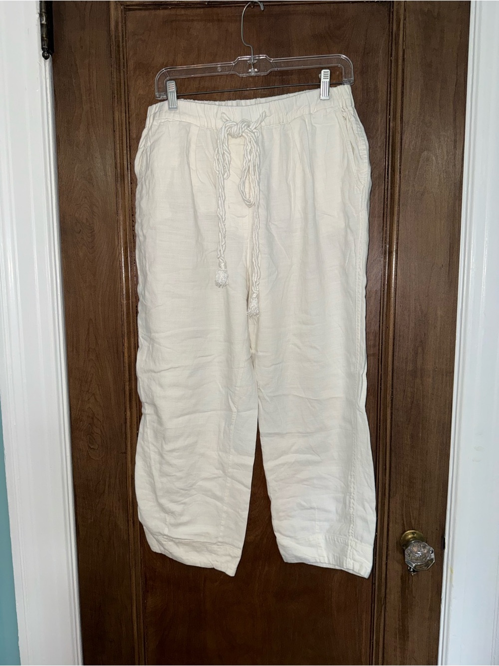 Free People Cream Linen-Blend Drawstring Chinos